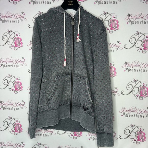 Roxy Tops - Roxy pink polka dotted grey zip up sweater embroidered logo black distressed y2k